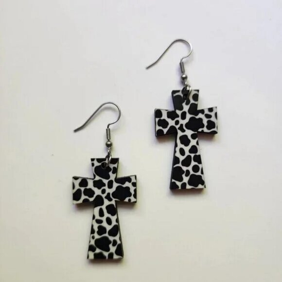 Cow Print WoCow Print Wood Cross Dangle Drop Earrings - Picture 1 of 6
